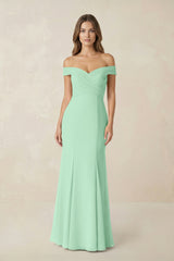 Off-the Shoulder Mermaid Chiffon Bridesmaid Dress in Pale Pistachio | KISSBRIDAL