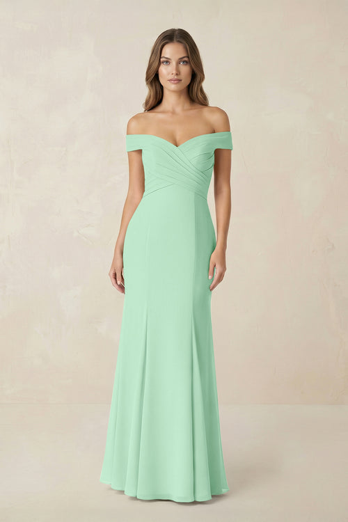 Off-the Shoulder Mermaid Chiffon Bridesmaid Dress in Pale Pistachio | KISSBRIDAL
