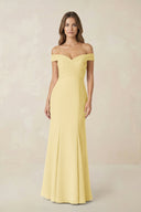 Off - the Shoulder Mermaid Chiffon Bridesmaid Dress in Pastel Yellow - SHE IS ME Bridesmaid Dresses