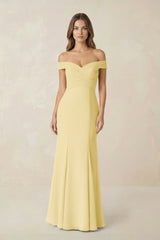 Off - the Shoulder Mermaid Chiffon Bridesmaid Dress in Pastel Yellow - KISS BRIDAL Bridesmaid Dresses