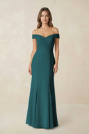 Off - the Shoulder Mermaid Chiffon Bridesmaid Dress in Pine - SHE IS ME Bridesmaid Dresses