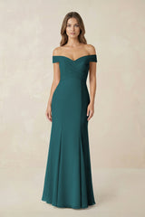 Off - the Shoulder Mermaid Chiffon Bridesmaid Dress in Pine - KISS BRIDAL Bridesmaid Dresses