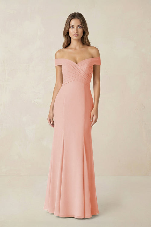 Off - the Shoulder Mermaid Chiffon Bridesmaid Dress in Rose Petal - SHE IS ME Bridesmaid Dresses