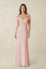 Off-the Shoulder Mermaid Chiffon Bridesmaid Dress in Rose Petal | KISSBRIDAL