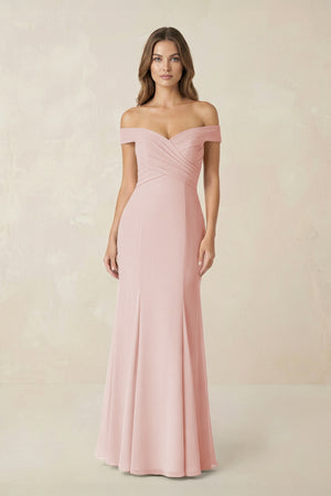 Off-the Shoulder Mermaid Chiffon Bridesmaid Dress in Rose Petal | KISSBRIDAL
