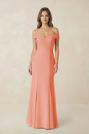 Off - the Shoulder Mermaid Chiffon Bridesmaid Dress in Rosette - SHE IS ME Bridesmaid Dresses