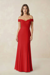 Off - the Shoulder Mermaid Chiffon Bridesmaid Dress in Ruby Red - KISS BRIDAL Bridesmaid Dresses