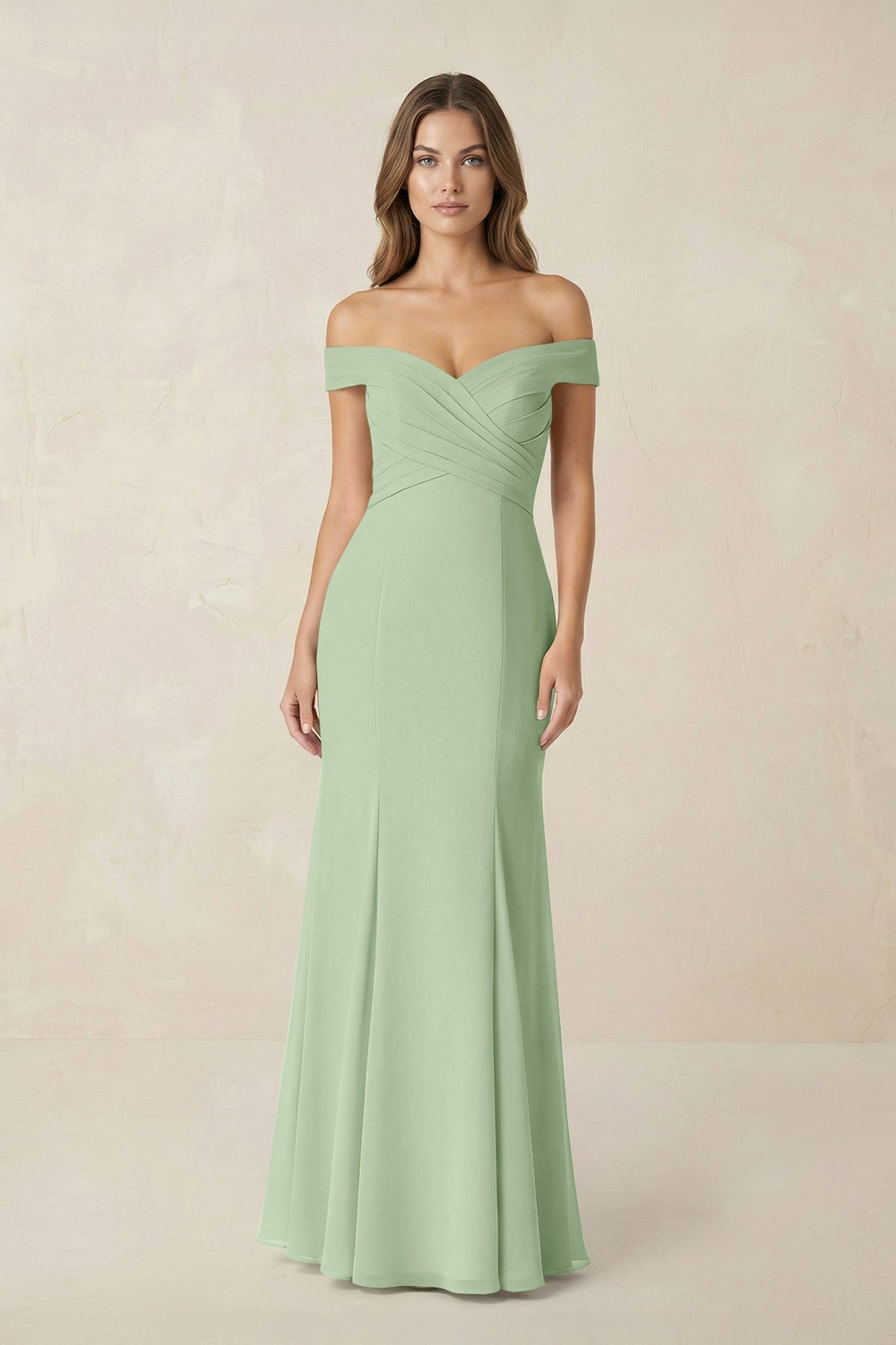 Off - the Shoulder Mermaid Chiffon Bridesmaid Dress in Sage - KISS BRIDAL Bridesmaid Dresses