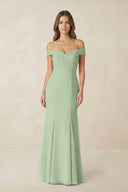 Off - the Shoulder Mermaid Chiffon Bridesmaid Dress in Sage - SHE IS ME Bridesmaid Dresses
