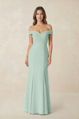 Off-the Shoulder Mermaid Chiffon Bridesmaid Dress in Sage | KISSBRIDAL