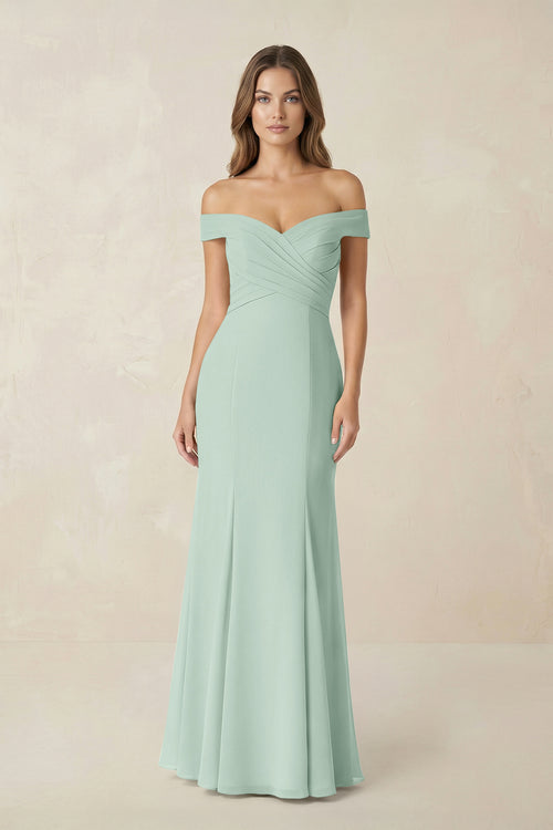 Off-the Shoulder Mermaid Chiffon Bridesmaid Dress in Sage | KISSBRIDAL