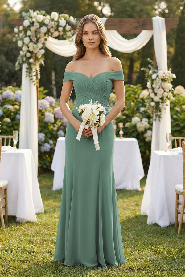 Off-the Shoulder Mermaid Chiffon Bridesmaid Dress in Sea Glass (4) | KISSBRIDAL