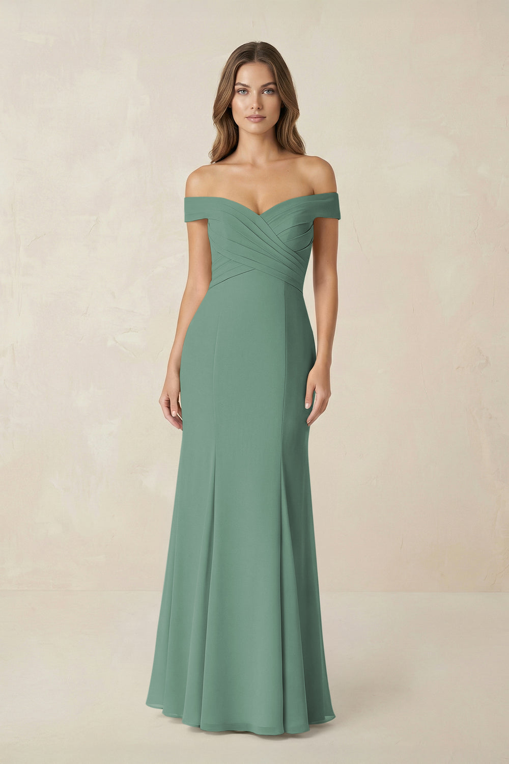 Off-the Shoulder Mermaid Chiffon Bridesmaid Dress in Sea Glass