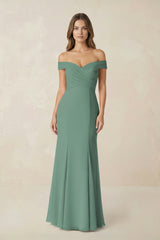 Off-the Shoulder Mermaid Chiffon Bridesmaid Dress in Sea Glass | KISSBRIDAL