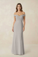 Off - the Shoulder Mermaid Chiffon Bridesmaid Dress in Silver - KISS BRIDAL Bridesmaid Dresses