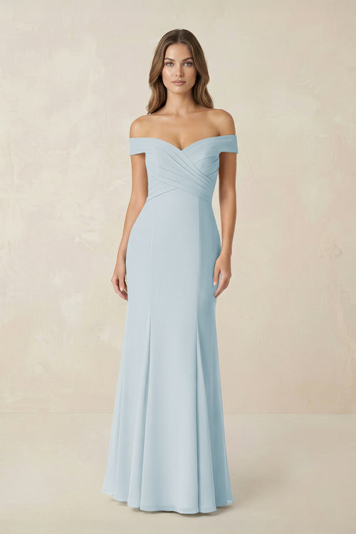 Off-the Shoulder Mermaid Chiffon Bridesmaid Dress in Sky Blue | KISSBRIDAL