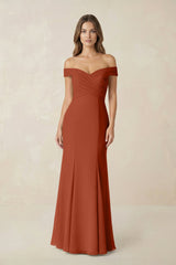 Off - the Shoulder Mermaid Chiffon Bridesmaid Dress in Spice - KISS BRIDAL Bridesmaid Dresses