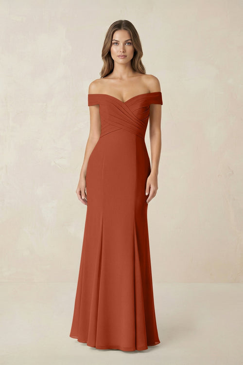 Off - the Shoulder Mermaid Chiffon Bridesmaid Dress in Spice - SHE IS ME Bridesmaid Dresses