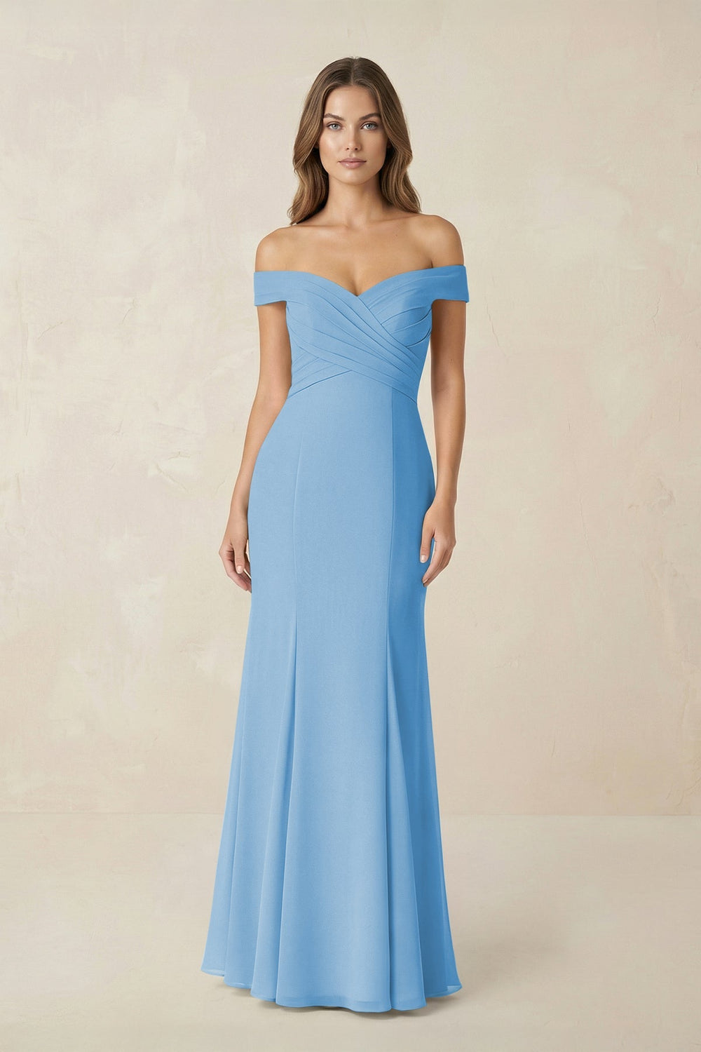 Off - the Shoulder Mermaid Chiffon Bridesmaid Dress in Steel Blue - KISS BRIDAL Bridesmaid Dresses