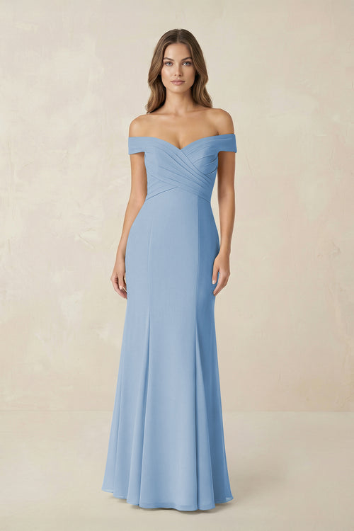 Off-the Shoulder Mermaid Chiffon Bridesmaid Dress in Steel Blue | KISSBRIDAL