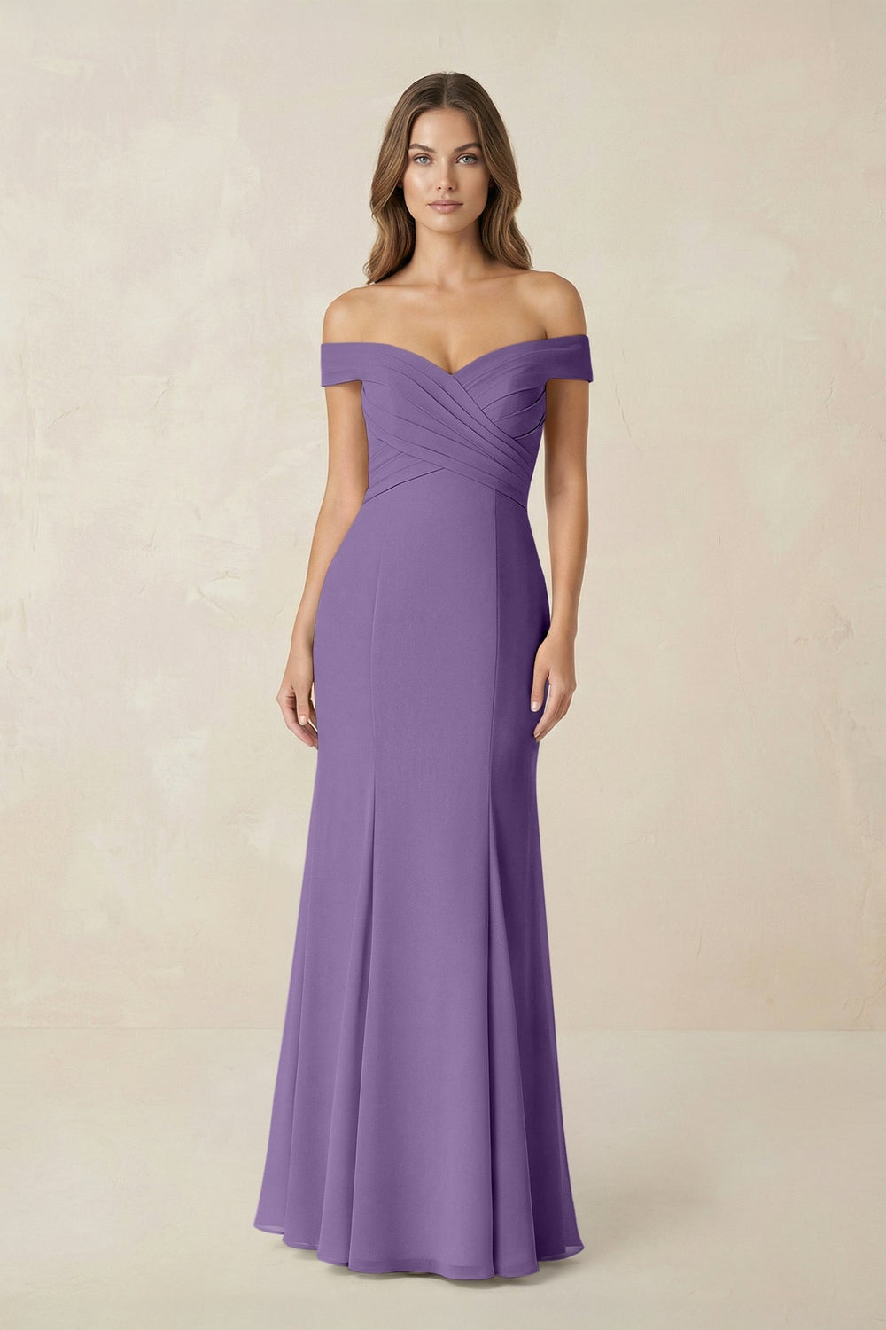 Off - the Shoulder Mermaid Chiffon Bridesmaid Dress in Tahiti - KISS BRIDAL Bridesmaid Dresses