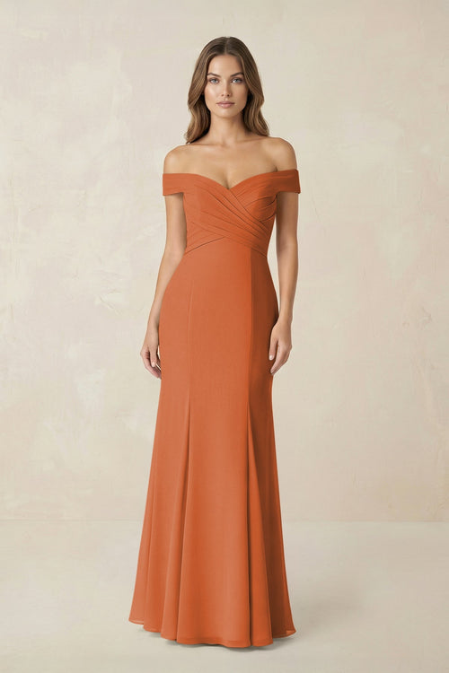 Off - the Shoulder Mermaid Chiffon Bridesmaid Dress in Terracotta - SHE IS ME Bridesmaid Dresses