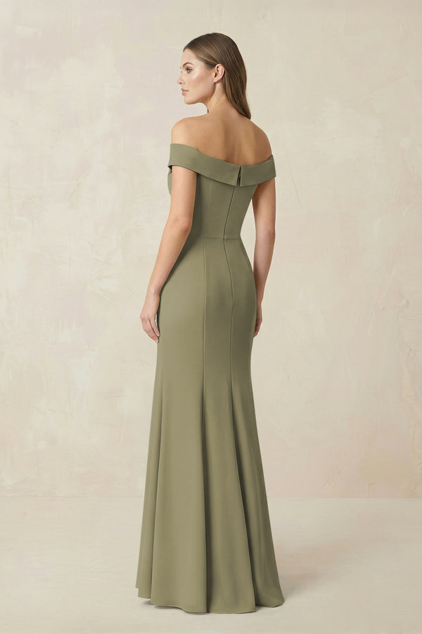 Off-the Shoulder Mermaid Chiffon Bridesmaid Dress in Thyme (2) | KISSBRIDAL