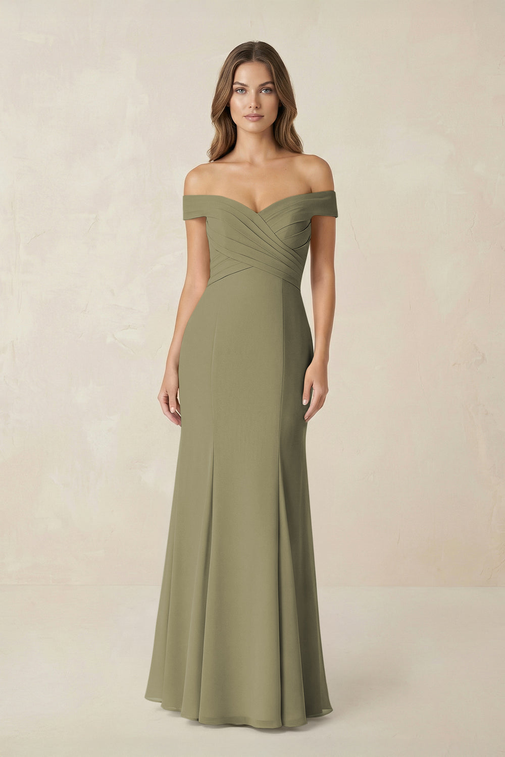 Off-the Shoulder Mermaid Chiffon Bridesmaid Dress in Thyme