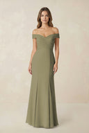 Off-the Shoulder Mermaid Chiffon Bridesmaid Dress in Thyme | KISSBRIDAL