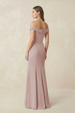 Off-the Shoulder Mermaid Chiffon Bridesmaid Dress in Toffee (2) | KISSBRIDAL