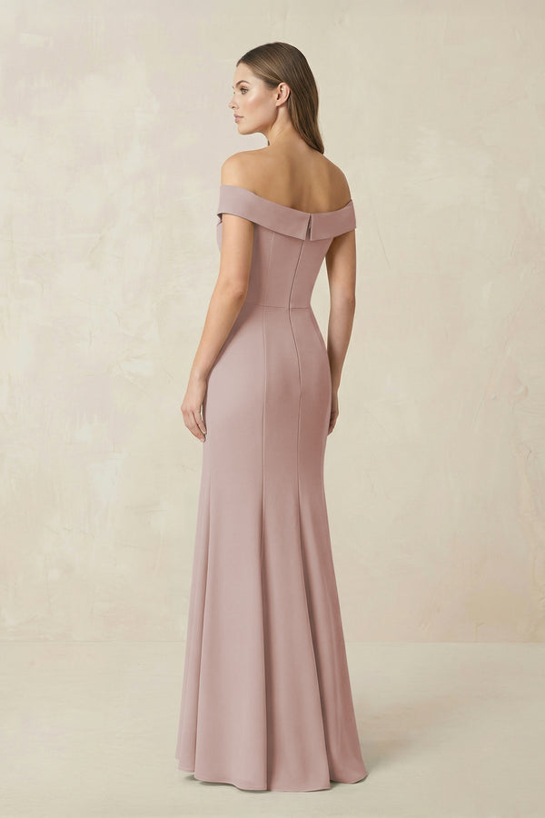 Off-the Shoulder Mermaid Chiffon Bridesmaid Dress in Toffee (2) | KISSBRIDAL
