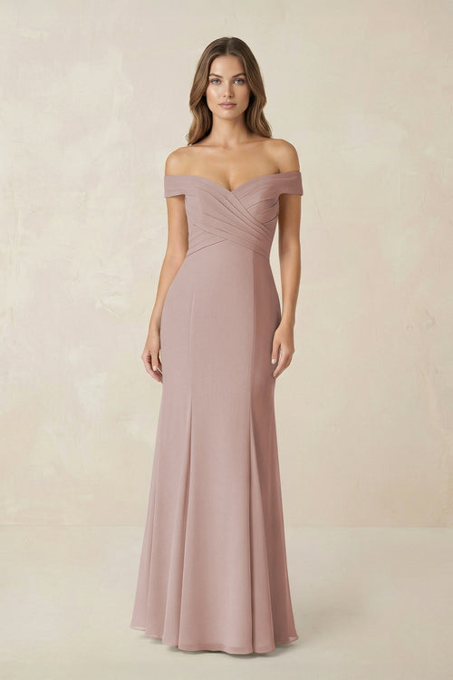 Off - the Shoulder Mermaid Chiffon Bridesmaid Dress in Toffee - SHE IS ME Bridesmaid Dresses