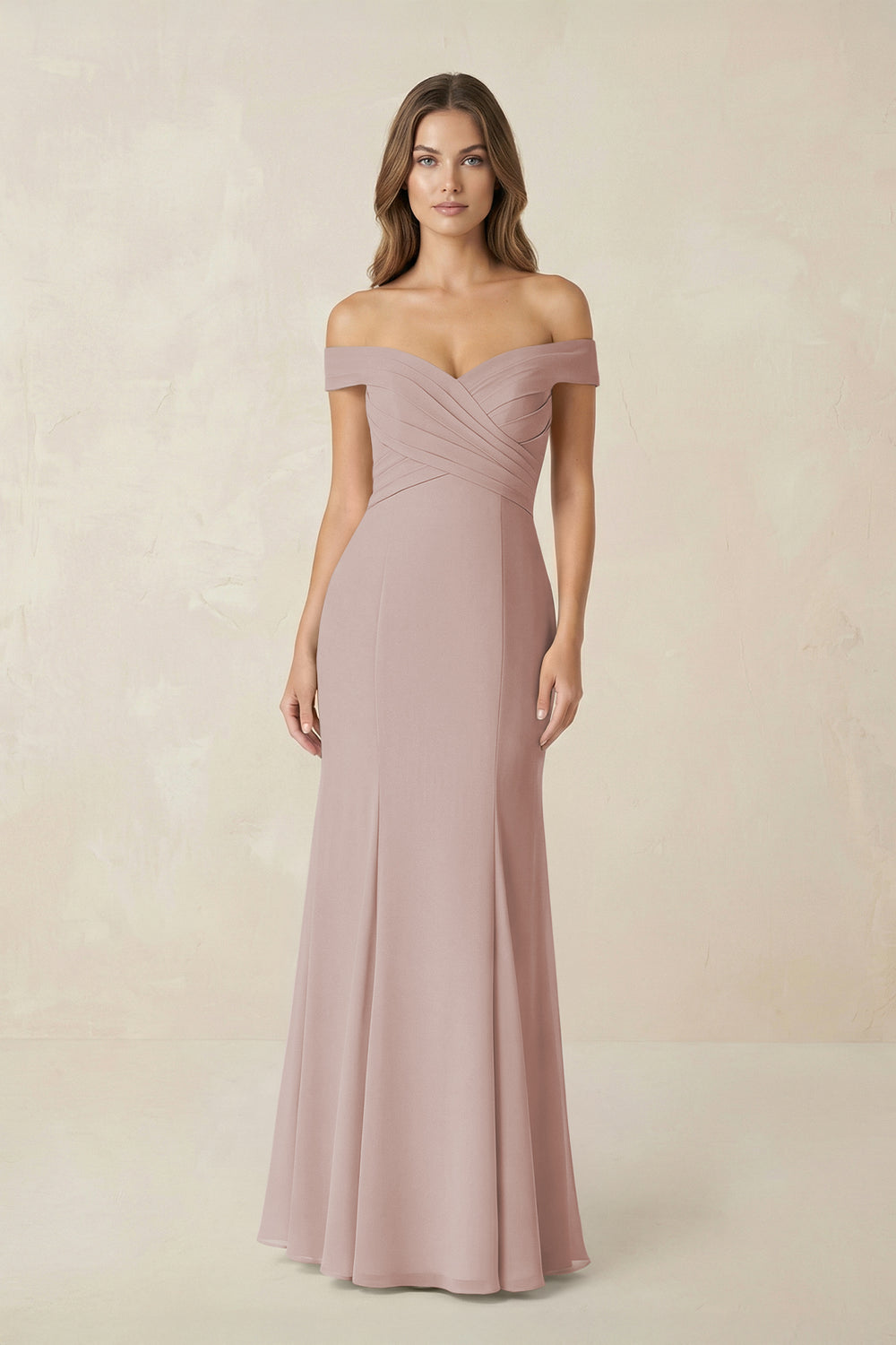 Off-the Shoulder Mermaid Chiffon Bridesmaid Dress in Toffee