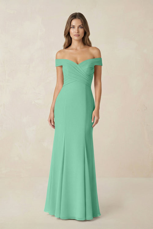 Off - the Shoulder Mermaid Chiffon Bridesmaid Dress in Turquoise - SHE IS ME Bridesmaid Dresses
