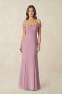 Off-the Shoulder Mermaid Chiffon Bridesmaid Dress in Vintage Mauve | KISSBRIDAL