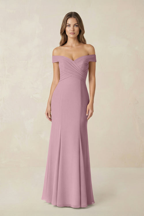 Off-the Shoulder Mermaid Chiffon Bridesmaid Dress in Vintage Mauve | KISSBRIDAL