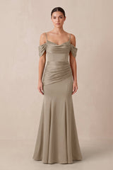 Off - the - Shoulder Mermaid Ruched Bridesmaid Dress in Almond - KISS BRIDAL Bridesmaid Dresses