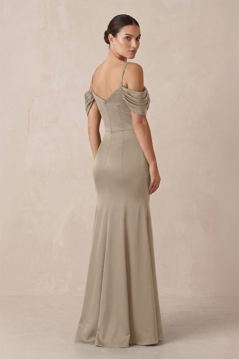 Off - the - Shoulder Mermaid Ruched Bridesmaid Dress in Almond - KISS BRIDAL Bridesmaid Dresses