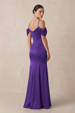 Off - the - Shoulder Mermaid Ruched Bridesmaid Dress in Amethyst - KISS BRIDAL Bridesmaid Dresses