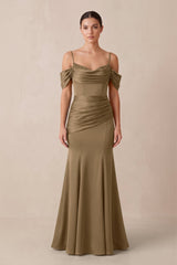 Off - the - Shoulder Mermaid Ruched Bridesmaid Dress in Apple Cinnamon - KISS BRIDAL Bridesmaid Dresses