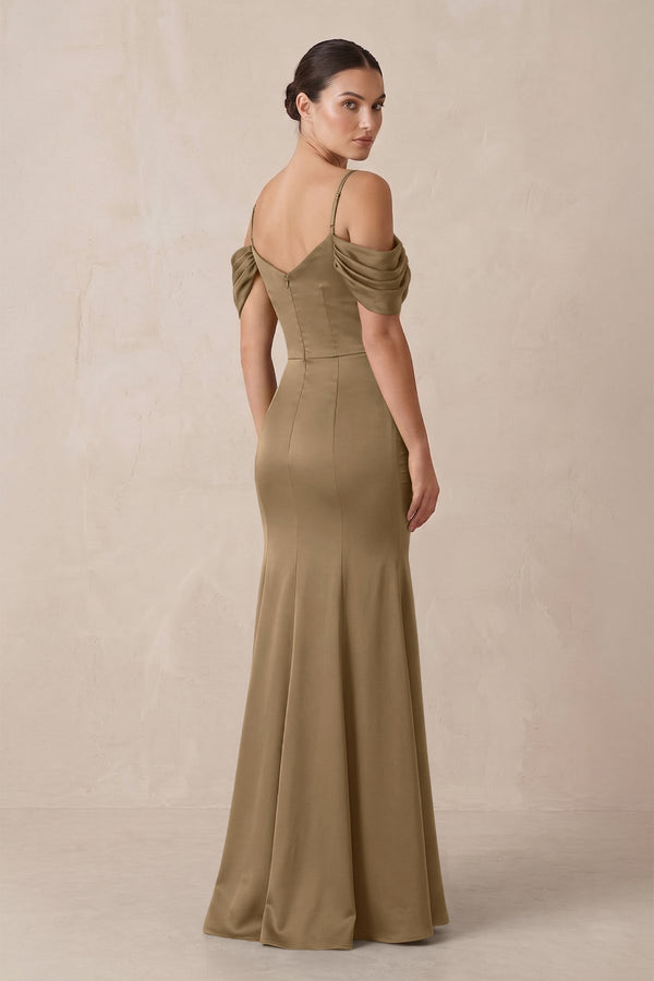 Off - the - Shoulder Mermaid Ruched Bridesmaid Dress in Apple Cinnamon - KISS BRIDAL Bridesmaid Dresses