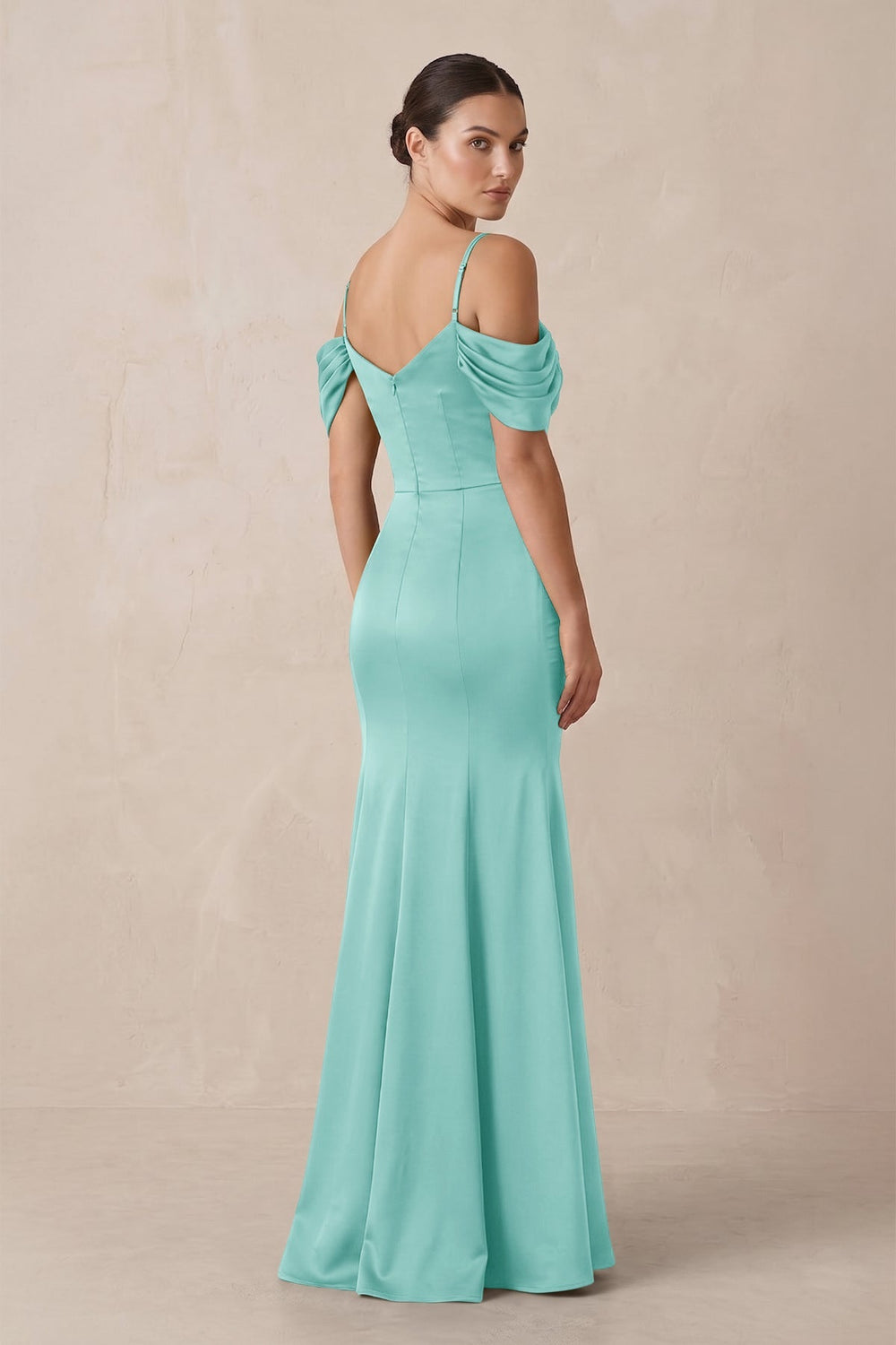 Off - the - Shoulder Mermaid Ruched Bridesmaid Dress in Aqua - KISS BRIDAL Bridesmaid Dresses