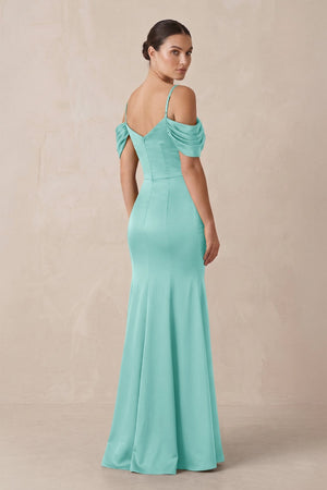 Off - the - Shoulder Mermaid Ruched Bridesmaid Dress in Aqua - KISS BRIDAL Bridesmaid Dresses