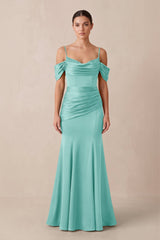 Off - the - Shoulder Mermaid Ruched Bridesmaid Dress in Aqua - KISS BRIDAL Bridesmaid Dresses