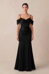 Off - the - Shoulder Mermaid Ruched Bridesmaid Dress in Black - KISS BRIDAL Bridesmaid Dresses