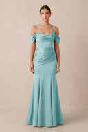 Off - the - Shoulder Mermaid Ruched Bridesmaid Dress in Bleached Aqua - KISS BRIDAL Bridesmaid Dresses