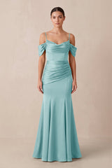Off - the - Shoulder Mermaid Ruched Bridesmaid Dress in Bleached Aqua - KISS BRIDAL Bridesmaid Dresses