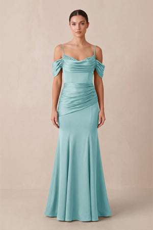 Off - the - Shoulder Mermaid Ruched Bridesmaid Dress in Bleached Aqua - KISS BRIDAL Bridesmaid Dresses