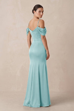Off - the - Shoulder Mermaid Ruched Bridesmaid Dress in Bleached Aqua - KISS BRIDAL Bridesmaid Dresses