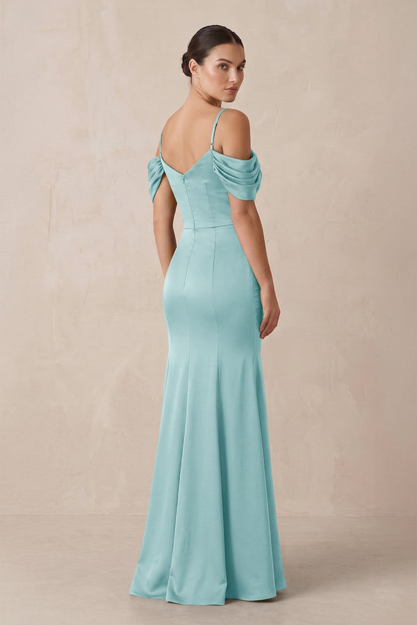 Off - the - Shoulder Mermaid Ruched Bridesmaid Dress in Bleached Aqua - KISS BRIDAL Bridesmaid Dresses